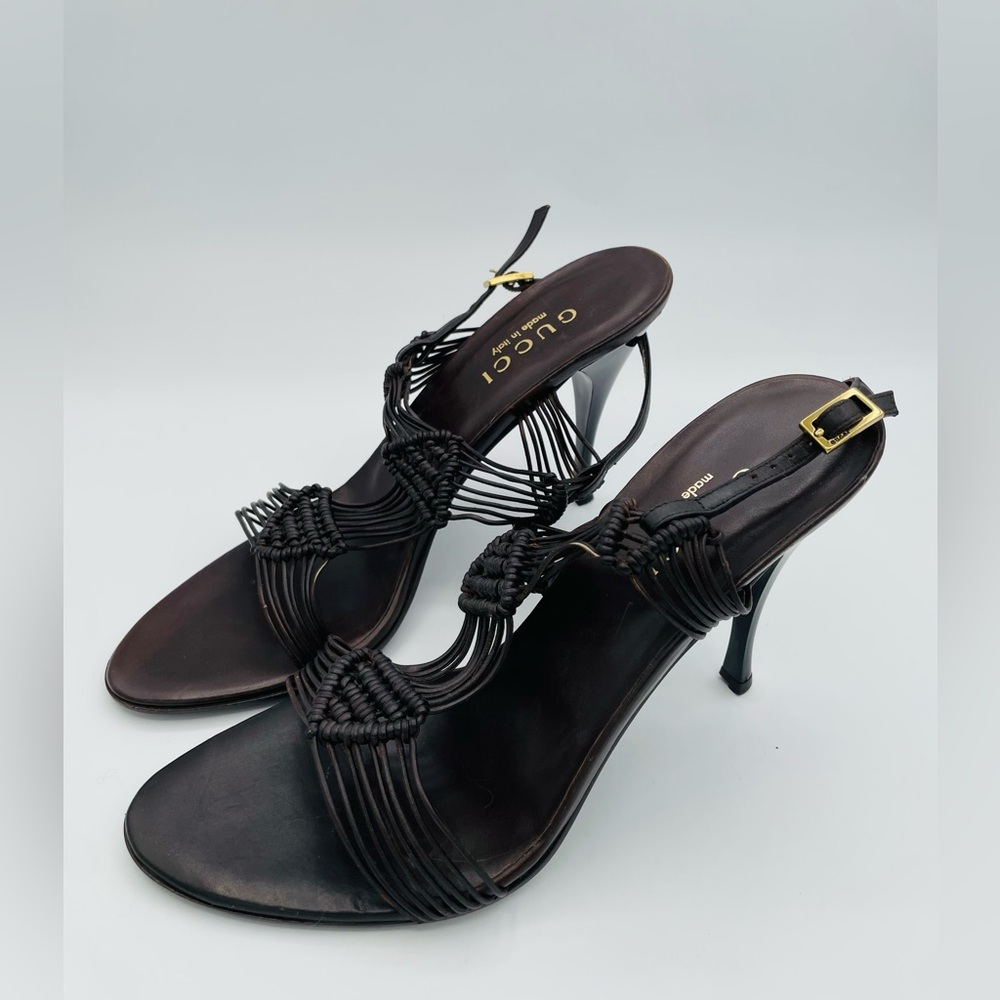 Authentic Vintage Brown Leather GUCCI High Heels Sandals Strapy 7.5 B - Picture 4 of 10